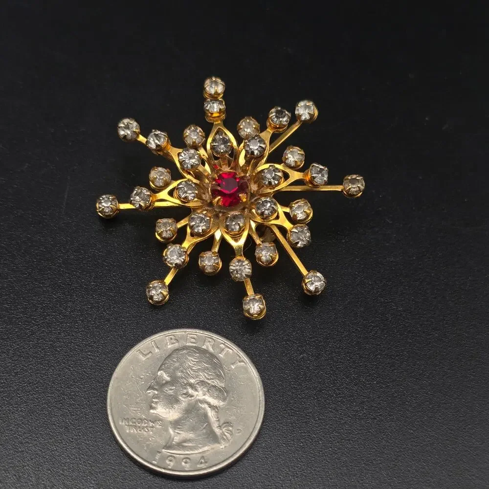 Red Rhinestone Gold Tone Star Burst Brooch Atomic MCM Vintage